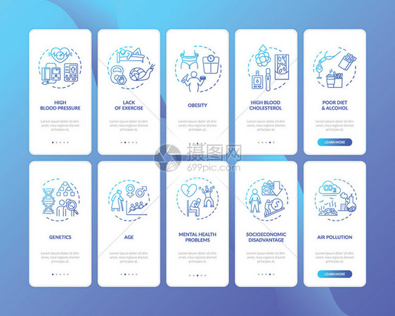 使用固定概念的移动应用程序页面屏幕上出现心血管疾病的原因不健康生活方式通过5步的图形指示使用rgb颜色插图的ui矢量模板安装概念图片