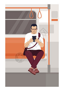 在地铁里玩手机的年轻男子卡通矢量插画图片