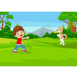 卡通男孩与他的狗在公园玩飞盘图片