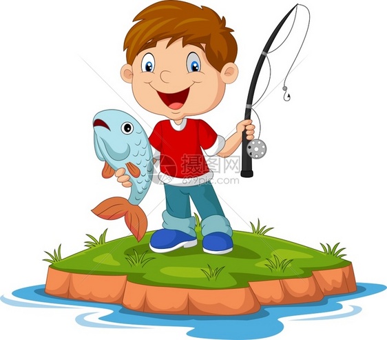 快乐的卡通小男孩钓鱼图片