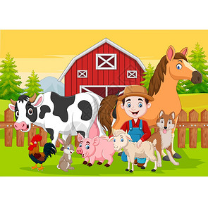 牧民卡通农民和农场动物插画