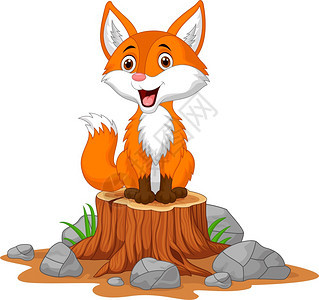 卡通快乐狐狸坐在树桩上背景图片