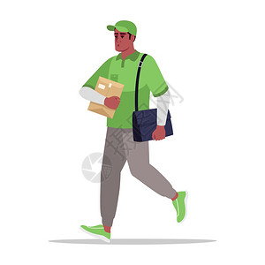装袋的邮递员带纸板的工人绿色制服的非洲男信使孤立的漫画人物袋邮件递送员半固定的rgb颜色矢量图图片