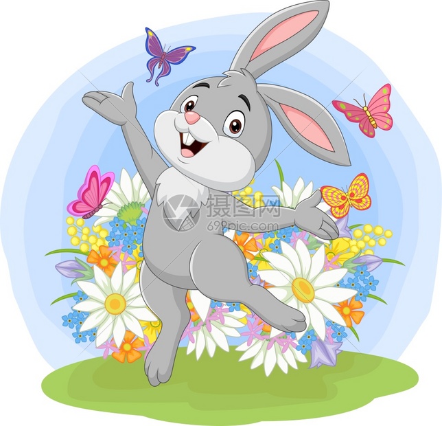 卡通快乐的兔子在草地上跳跃图片