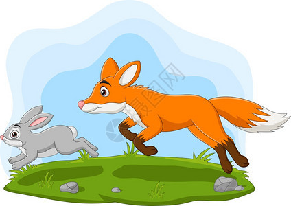 在森林里被狐狸追赶的卡通兔子背景图片