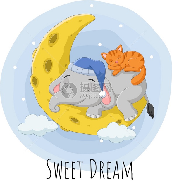 卡通大象和猫睡在月亮上图片