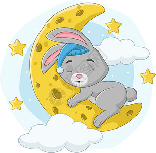 睡在月亮上的卡通小兔子图片