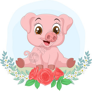 坐在花背景的可爱小猪图片