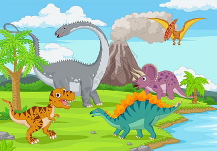 丛林中有趣的恐龙群背景图片