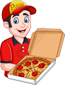 披萨送货员拿着带辣椒披萨的开纸板盒图片