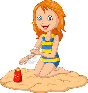 穿泳衣的小女孩手臂上涂防晒霜润滑剂图片