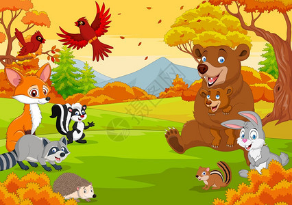 秋天森林中的卡通野生动物图片