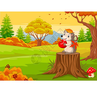 秋天森林里持有红苹果的卡通刺猬图片