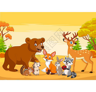 秋天森林中的卡通野生动物图片