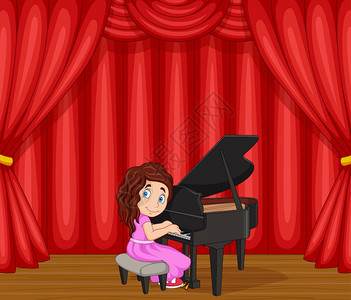 香格里拉窗帘卡通女孩在舞台上演奏钢琴插画