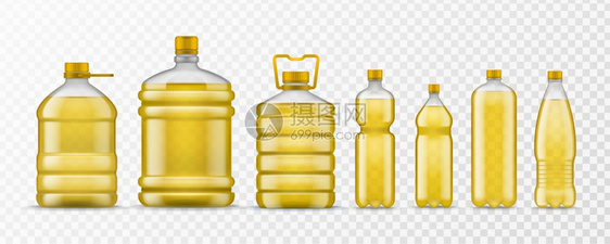 植物油瓶含有黄色机油的不同包装塑料瓶健康食品的天然液体成分现实的病媒模型健康食品图片