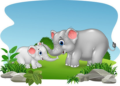 丛林中的卡通母亲和婴儿大象图片