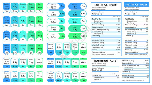 营养事实信息标签每日价值成分卡路里胆固醇脂肪克和百分比为包装和箱设定的饮食标签矢量物饮的彩色标签饮食矢量组图片