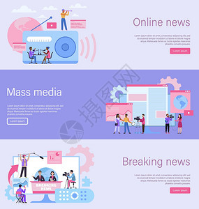 在线新闻横幅大众媒体网站即时新闻内容与摄影机的访谈录音电台视和报纸数字网络模板矢量平面图记者登陆网页突发新闻内容电台视和报纸网络图片