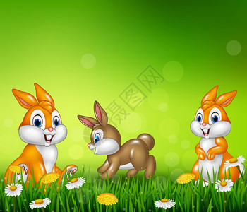 在草地背景上卡通快乐的小兔子图片