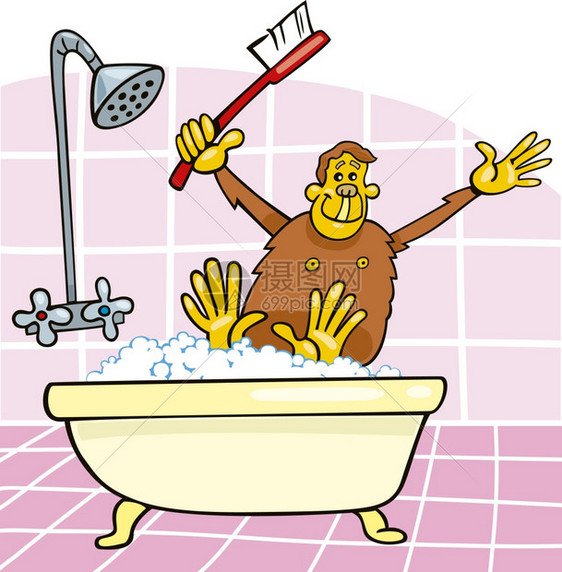 洗澡时猴子的漫画插图图片