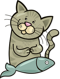 快乐猫与鱼的插图图片