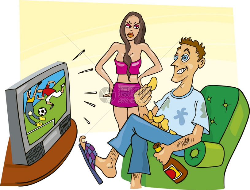 观看电视的体育影迷和他愤怒的妻子幽默式插图图片