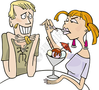 女性卡通男人和愤怒的女吃甜点插图背景