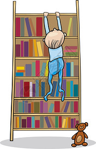 婴儿男孩在书架上攀爬的插图图片