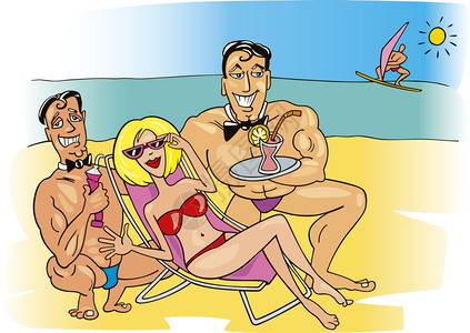 海滩卡通和两个帅哥一起在海滩上开心女人的插图背景