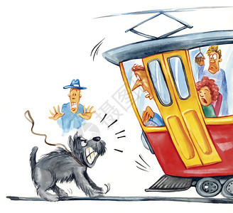 狗攻击电车的幽默式插图图片