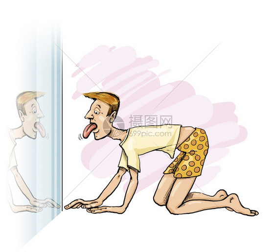 用幽默的插图来说明人用镜子看他的舌头图片