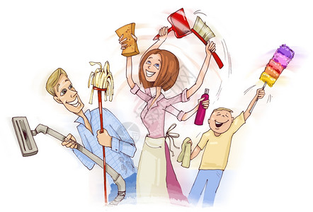 卡通锤子家庭做春清洁的示例背景