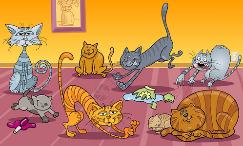 家庭内许多淘气猫的漫画插图图片