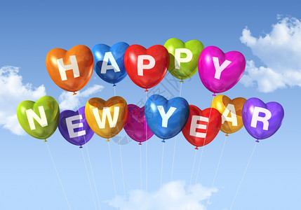 蓝色的天空中漂浮着气球新年心快乐的年心气球图片