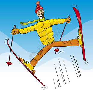 滑稽男子在滑雪板上跳跃的卡通插图图片