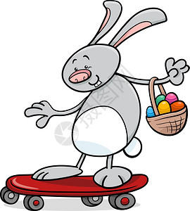 滑板上带复活节鸡蛋的可爱兔子漫画插图高清图片