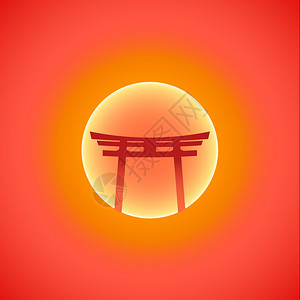 东极日出矢量平面设计japngteori点亮日光照孤立的橙红色背景设计图片