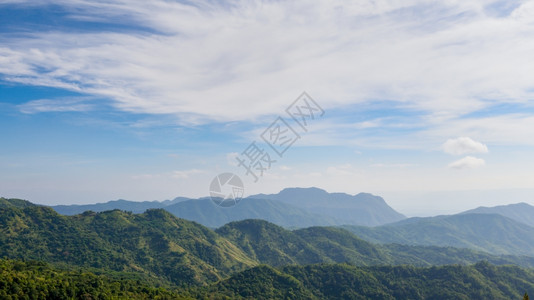 清晨在泰国法特哈蓬省湖家公园的山雾之下广角全景背景图片