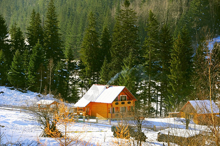 冬季小木屋屋顶被白雪覆盖图片