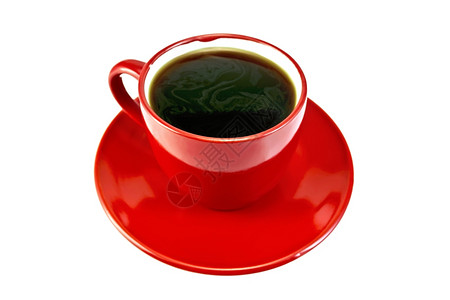 白色背景上孤立的红咖啡杯和茶碟图片