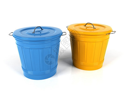 3d白色底隔离的蓝和黄塑料桶背景图片
