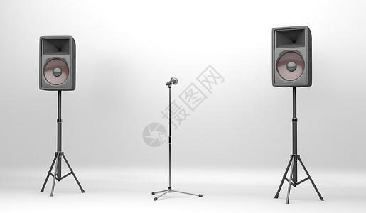 音乐演唱台配有两个大扬声器和一有立声的麦克风图片