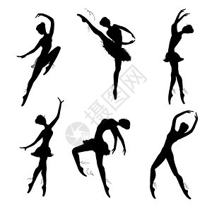 一组芭蕾舞者双光影黑色在白背景上矢量手画插图图片
