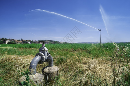 农业灌溉系统喷洒器和输气管背景图片