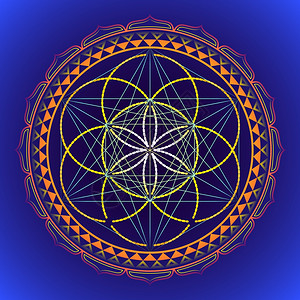 矢量设计彩色曼达拉神圣几何图解生命种子元扬特拉孤立的暗底背景图片