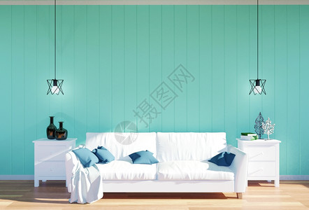 起居有常室内起居白色皮革沙发和有空间的绿色墙面板3D背景