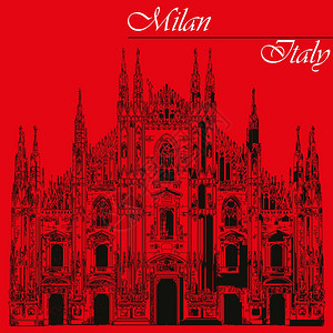 著名的米兰大教堂黑色位于milanty图形手绘插红色背景的矢量被孤立图片