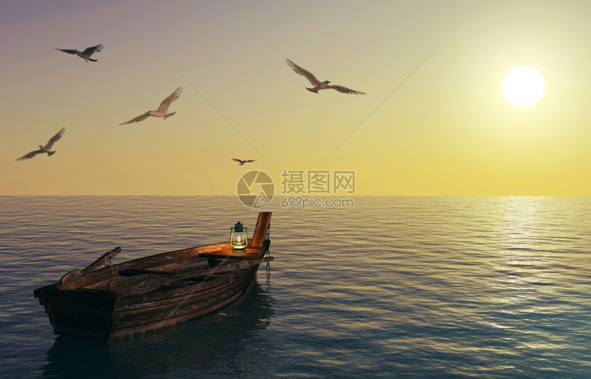 在平静的海面和日落天空上漂浮木制渔船图片