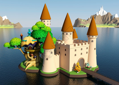 岛上的卡通中世纪城堡美丽的风景3D图片